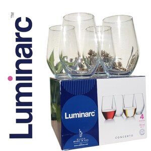 NEW set of 4 Luminarc glass stem less wine glasses cups Barware 19 ounces Comes